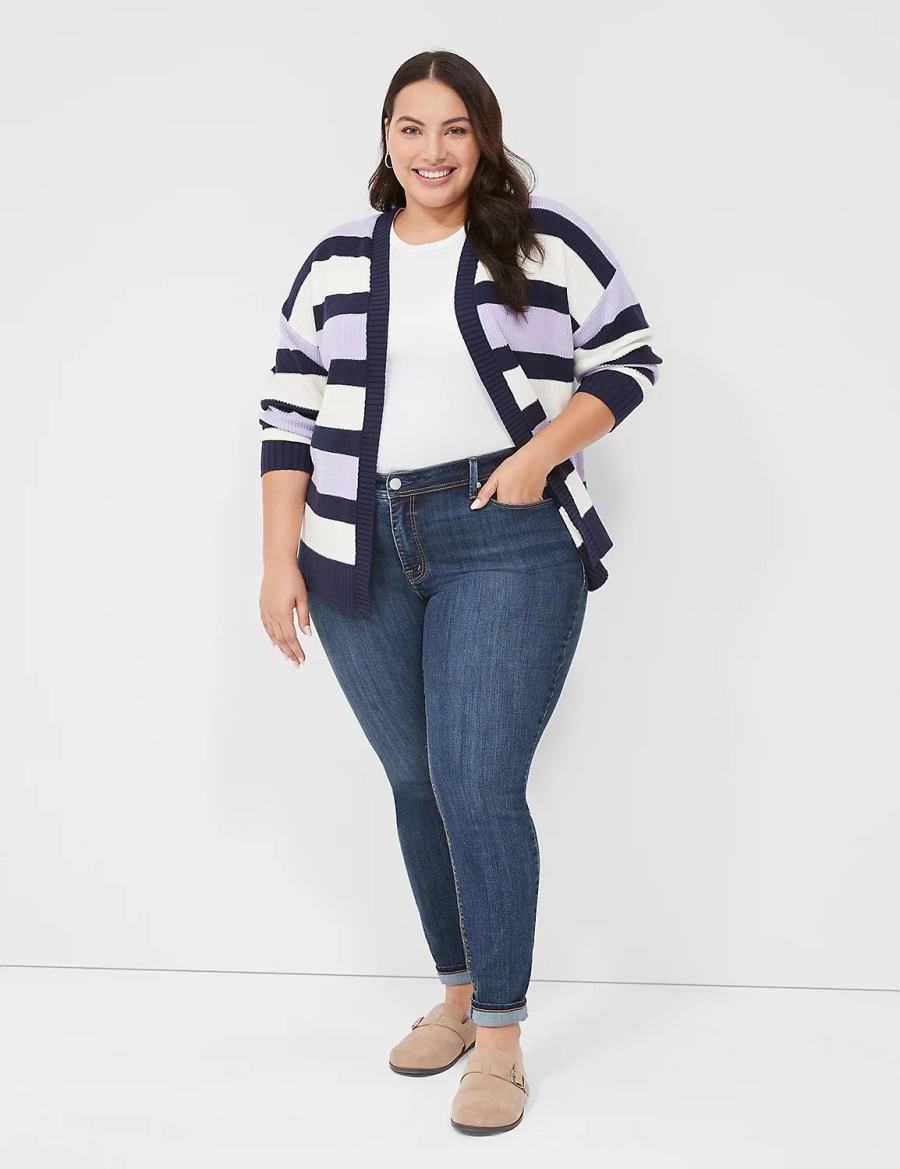 Cardigan γυναικεια Lane Bryant Open-Front Stripe μωβ σκουρο μπλε | OVR7659XP