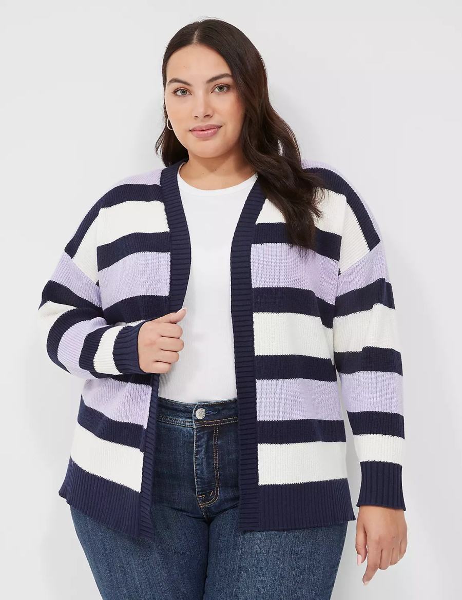 Cardigan γυναικεια Lane Bryant Open-Front Stripe μωβ σκουρο μπλε | OVR7659XP