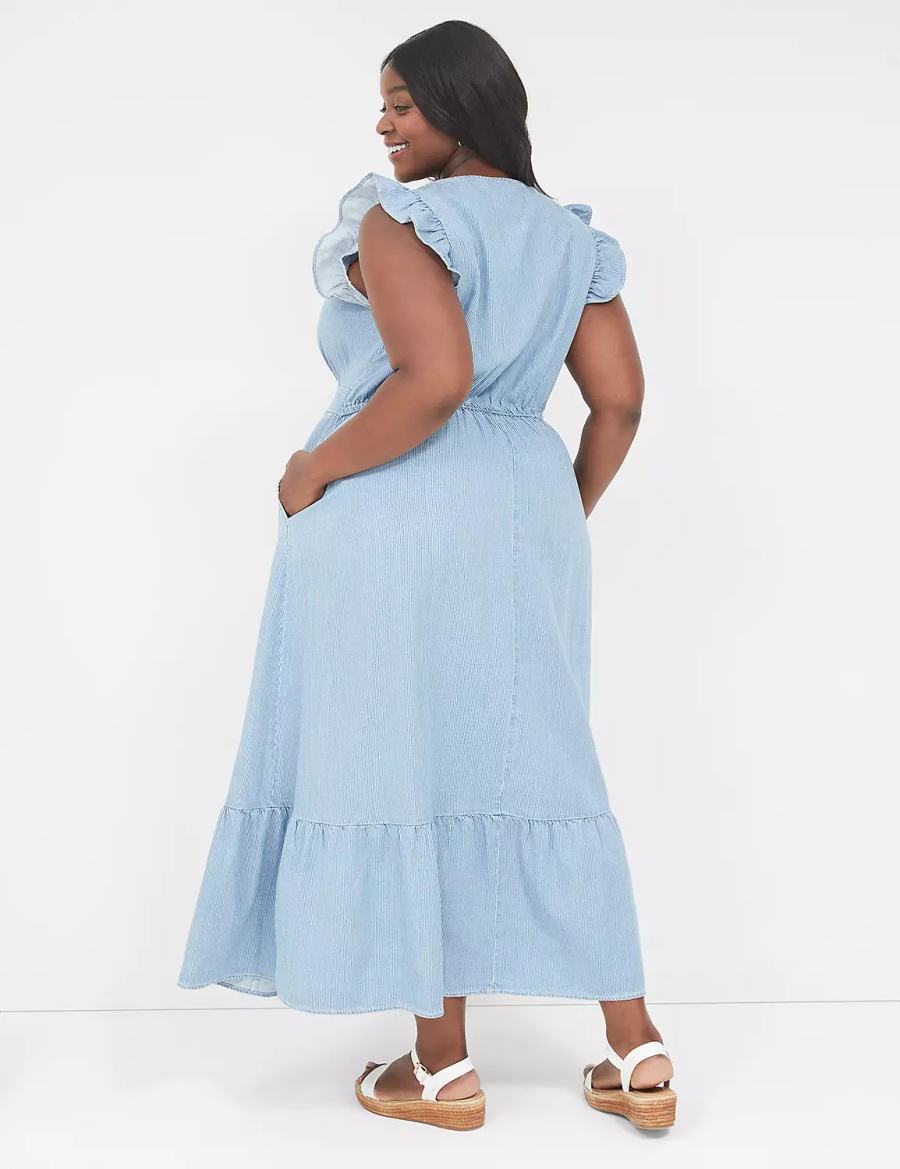 Maxi Φόρεμα γυναικεια Lane Bryant Flutter-Sleeve Button-Front Denim μπλε | YFB8192QG