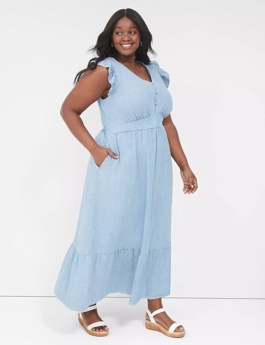 Maxi Φόρεμα γυναικεια Lane Bryant Flutter-Sleeve Button-Front Denim μπλε | YFB8192QG