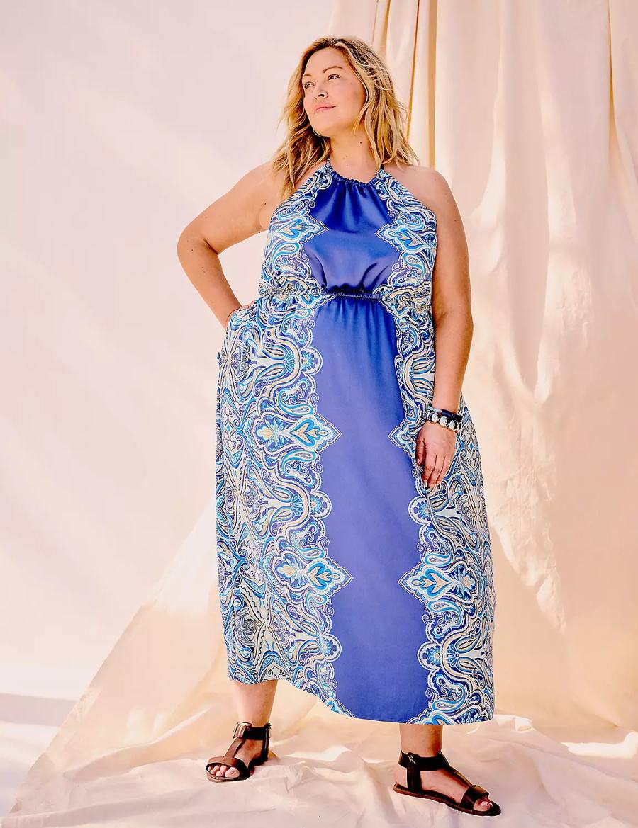 Maxi Φόρεμα γυναικεια Lane Bryant Satin Halter-Neck μπλε | CTU8430PK