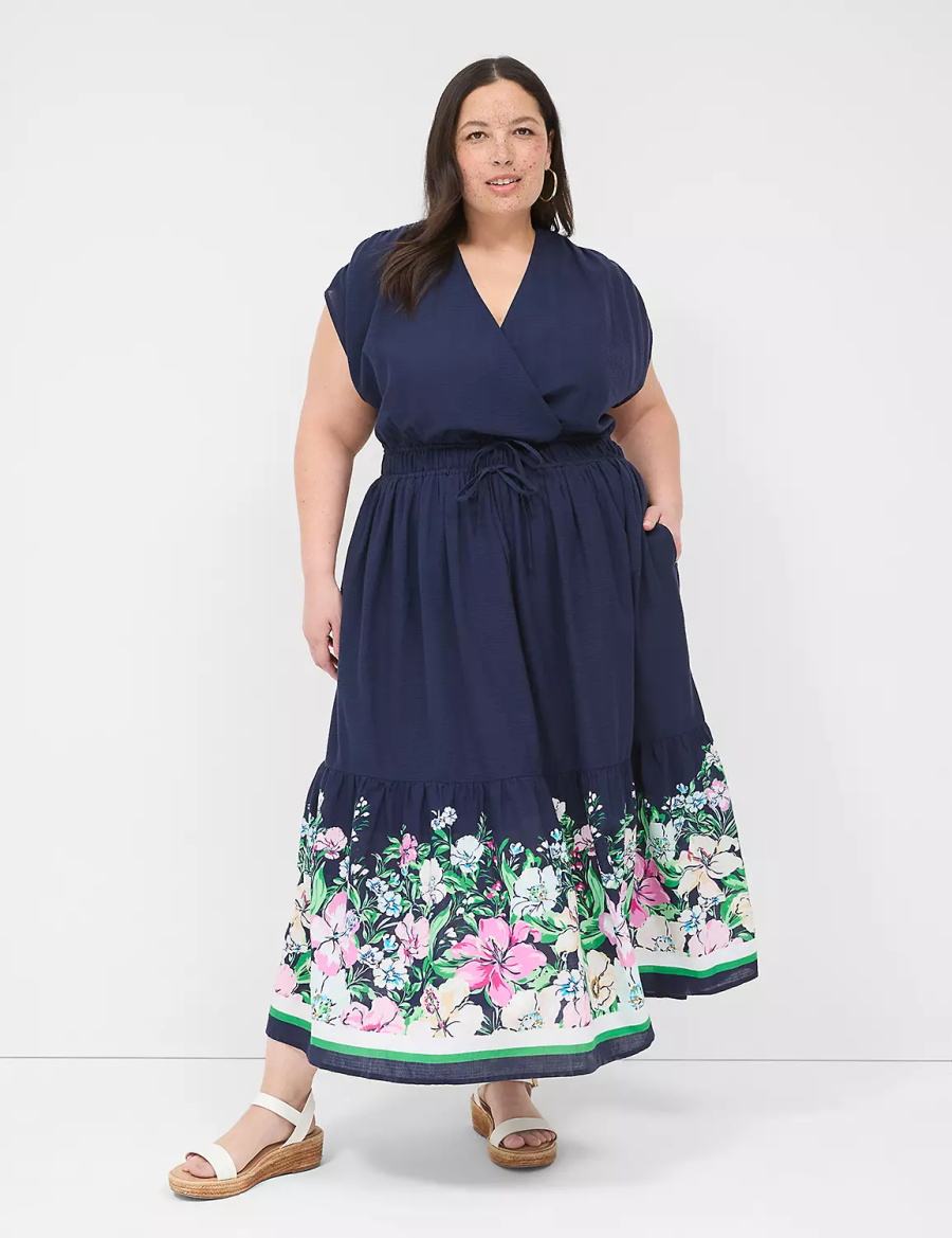 Maxi Φόρεμα γυναικεια Lane Bryant Shirred-Shoulder Double-Waist σκούρο μπλε | YTL9327HY