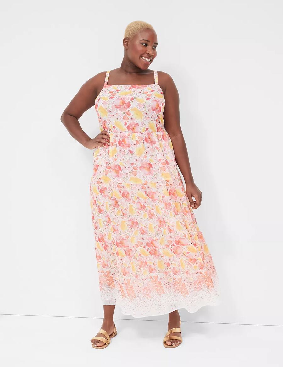 Maxi Φόρεμα γυναικεια Lane Bryant Sleeveless Tiered κίτρινα ροζ | BEP561UK