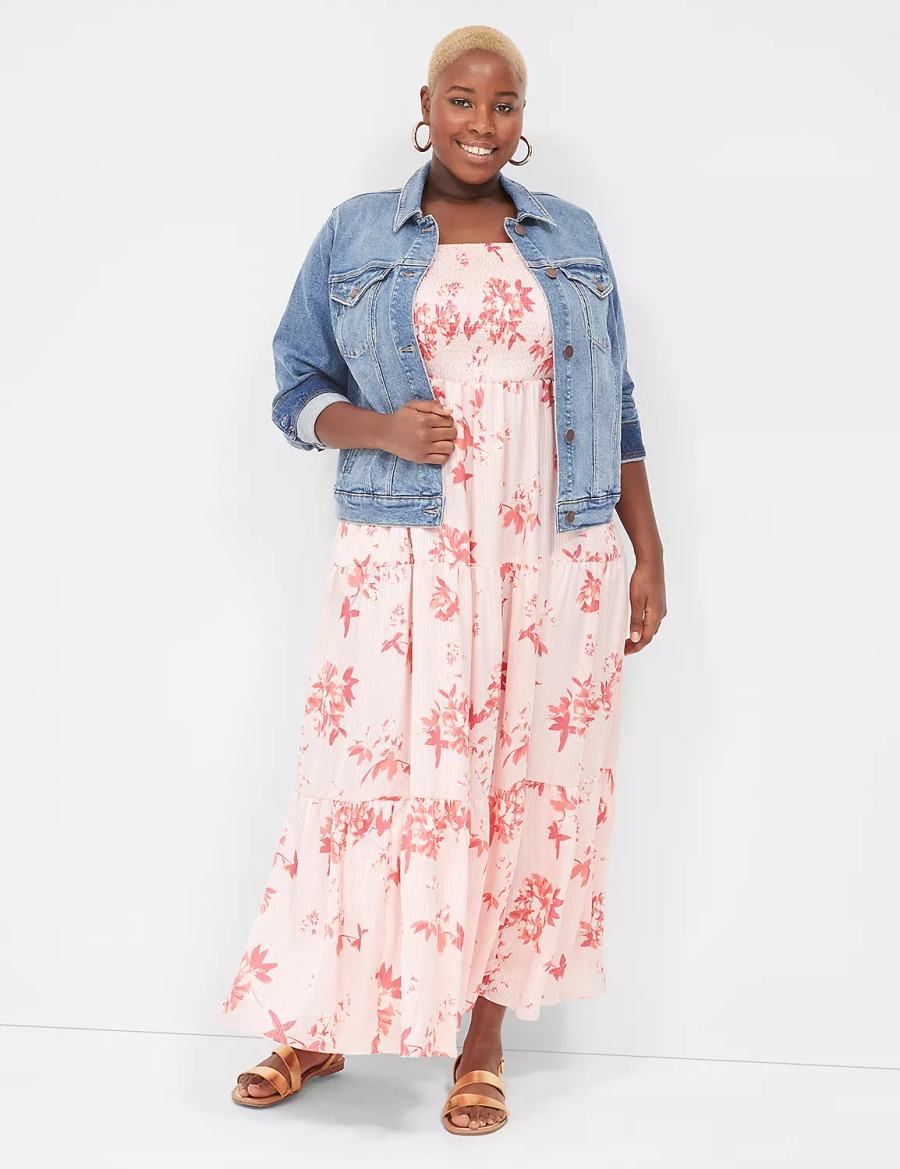 Maxi Φόρεμα γυναικεια Lane Bryant Sleeveless Tiered ασπρα ροζ | AEU282PD