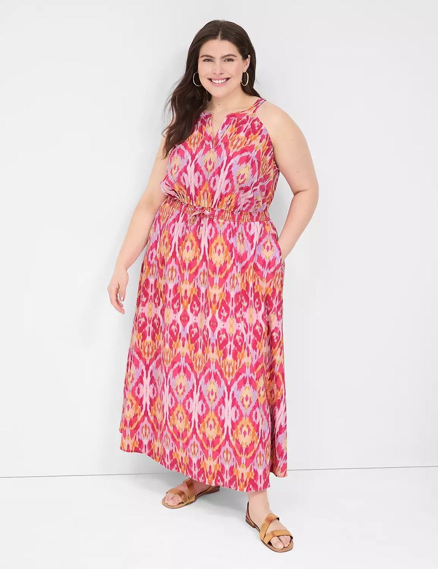 Maxi Φόρεμα γυναικεια Lane Bryant Split-Neck Tie-Waist ροζ | MGJ3567DS