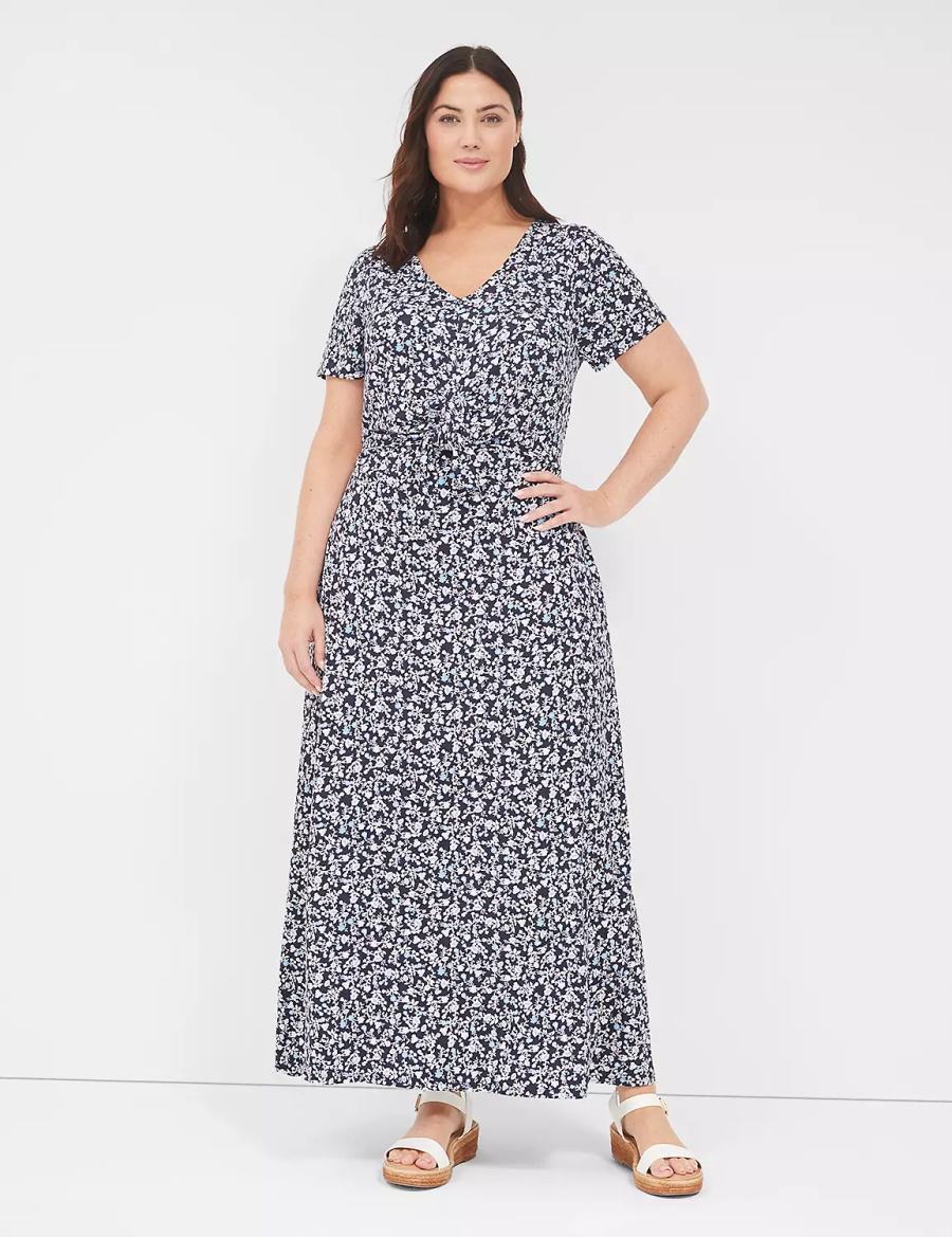 Maxi Φόρεμα γυναικεια Lane Bryant V-Neck Waist-Knot Jersey μπλε μωβ | GML8563BT