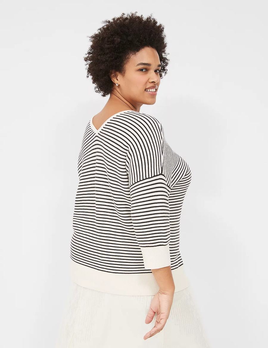 Πουλόβερ γυναικεια Lane Bryant 3/4-Sleeve V-Neck Striped ασπρα μαυρα | CVB6442WJ