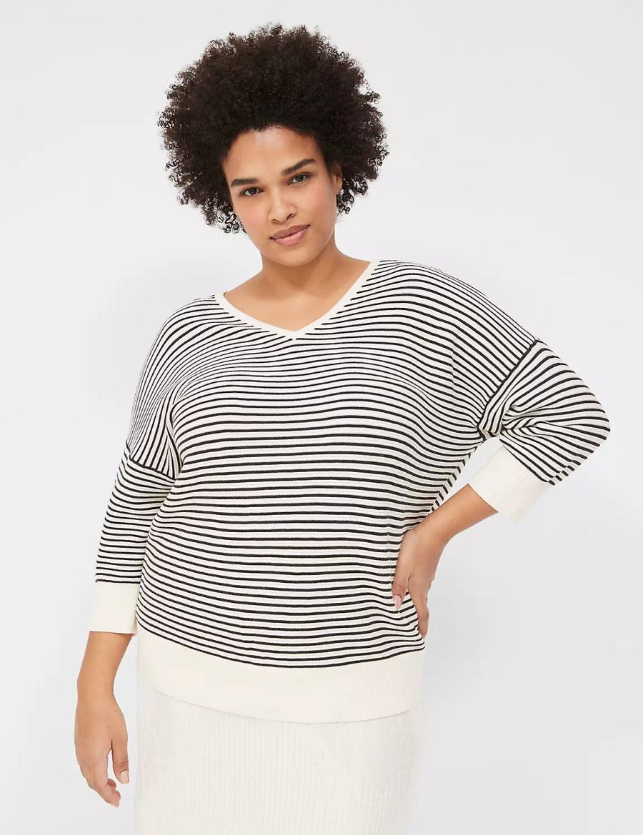 Πουλόβερ γυναικεια Lane Bryant 3/4-Sleeve V-Neck Striped ασπρα μαυρα | CVB6442WJ