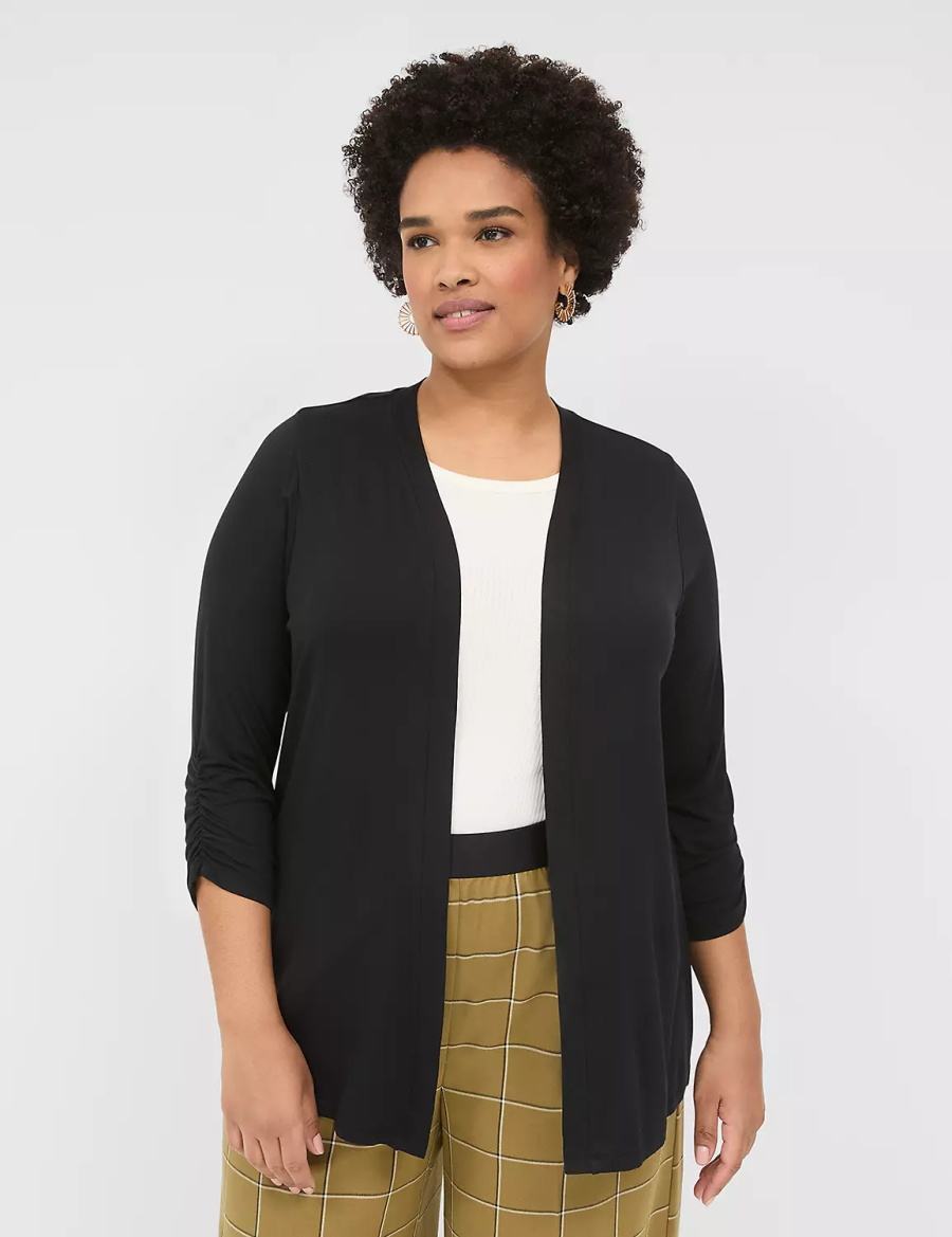 Μπουρνούζι γυναικεια Lane Bryant 3/4 Ruched-Sleeve Open-Front Overpiece μαυρα | MZU498MM