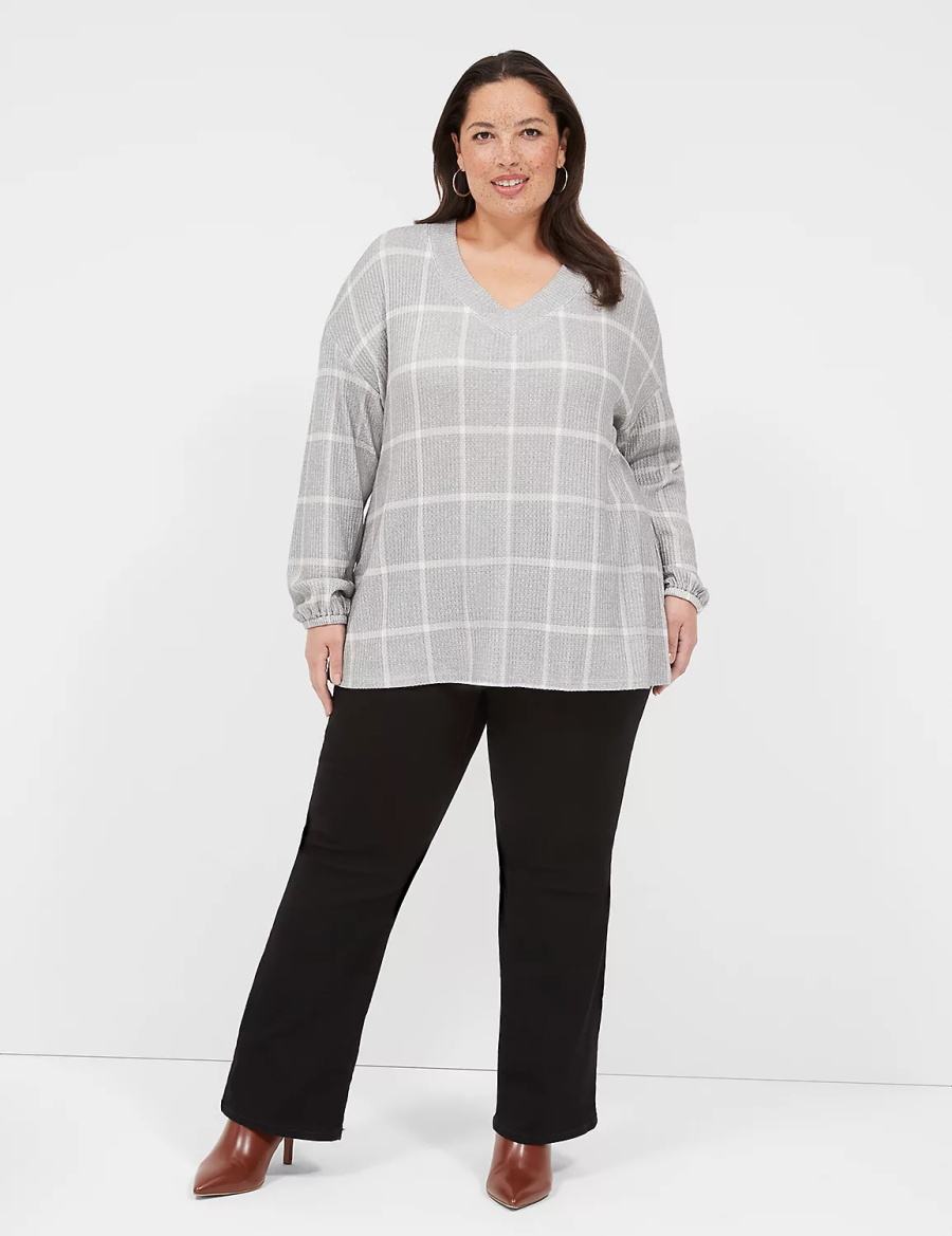 μπλουζακια γυναικεια Lane Bryant Blouson-Sleeve V-Neck Waffle Tunic γκρι | FGE5533RN