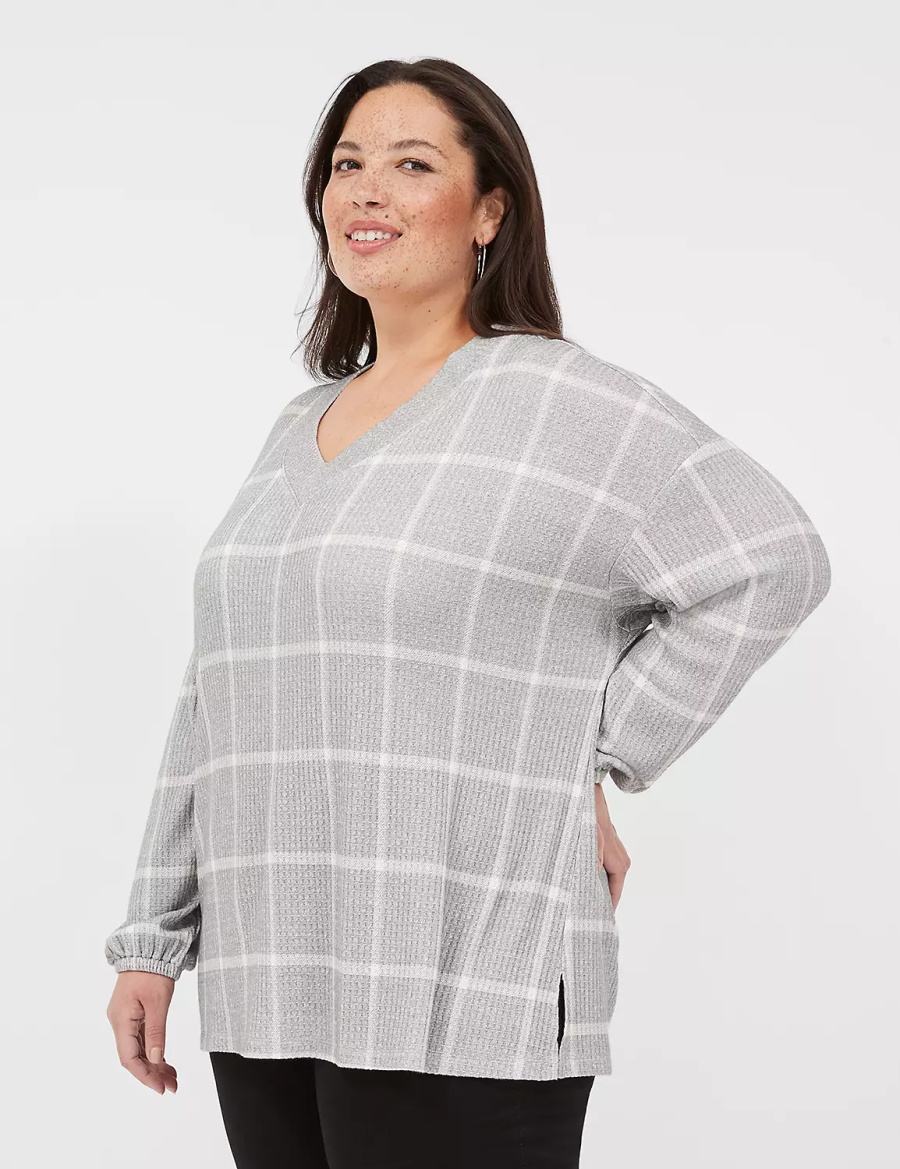 μπλουζακια γυναικεια Lane Bryant Blouson-Sleeve V-Neck Waffle Tunic γκρι | FGE5533RN