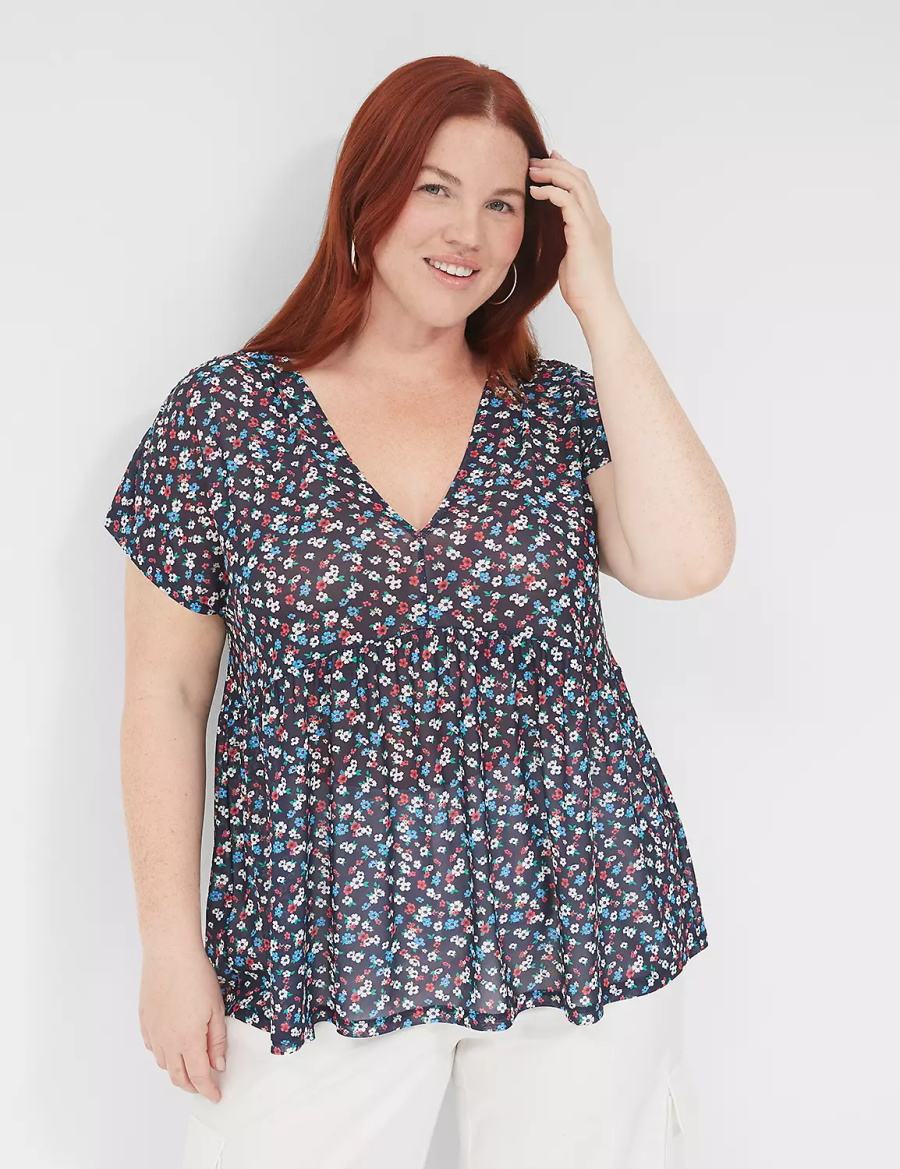 μπλουζακια γυναικεια Lane Bryant Cap-Sleeve V-Neck Top μαυρα | LXQ6344PB