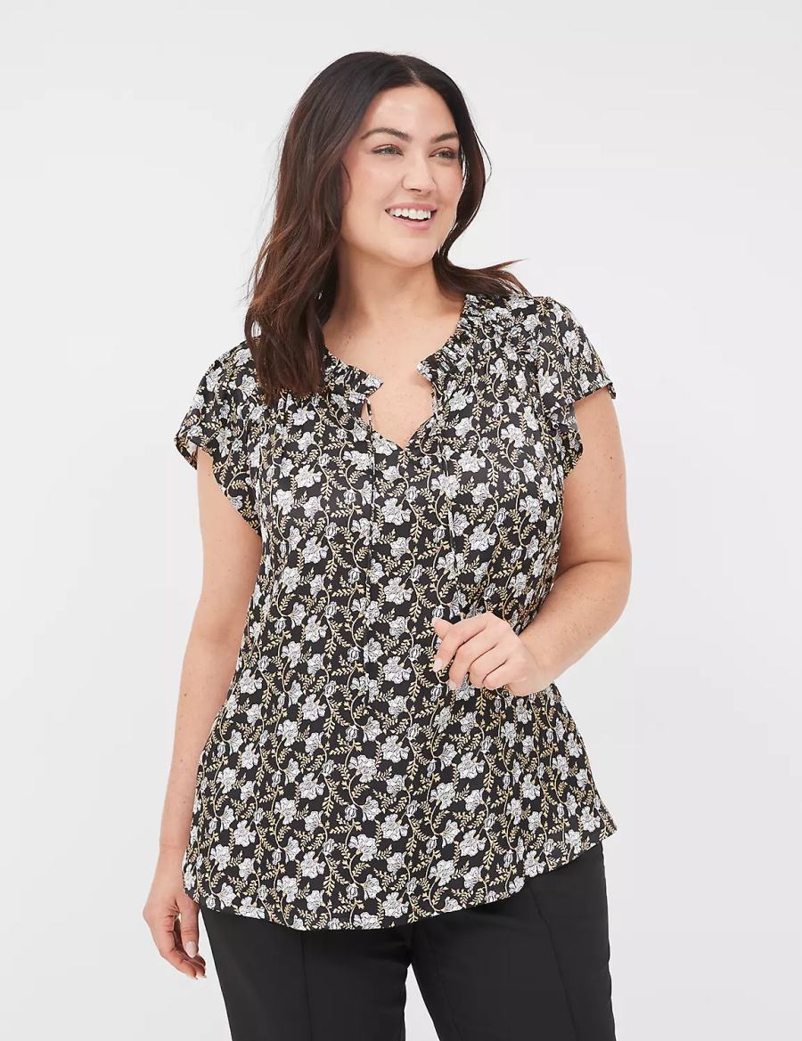 μπλουζακια γυναικεια Lane Bryant Cap Flutter-Sleeve Satin & Knit Top μαυρα | MKW477AC