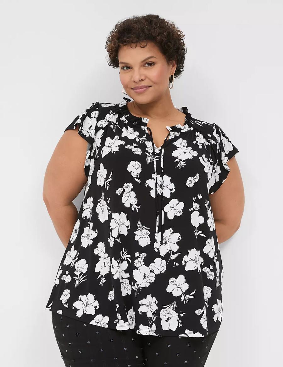 μπλουζακια γυναικεια Lane Bryant Cap Flutter-Sleeve Top μαυρα ασπρα | HEU4459NR