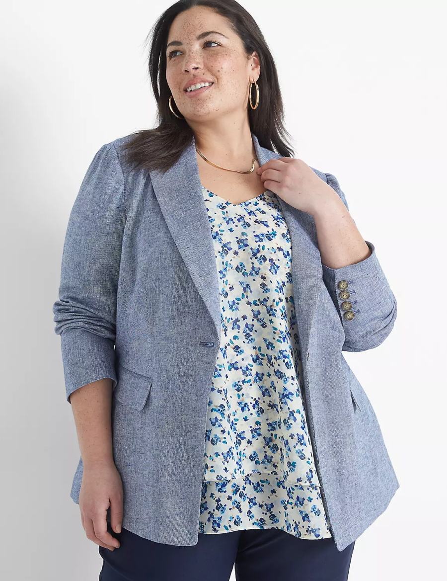 Μπλέιζερ γυναικεια Lane Bryant Chambray Linen Long-Sleeve μπλε γκρι | RRH659FM