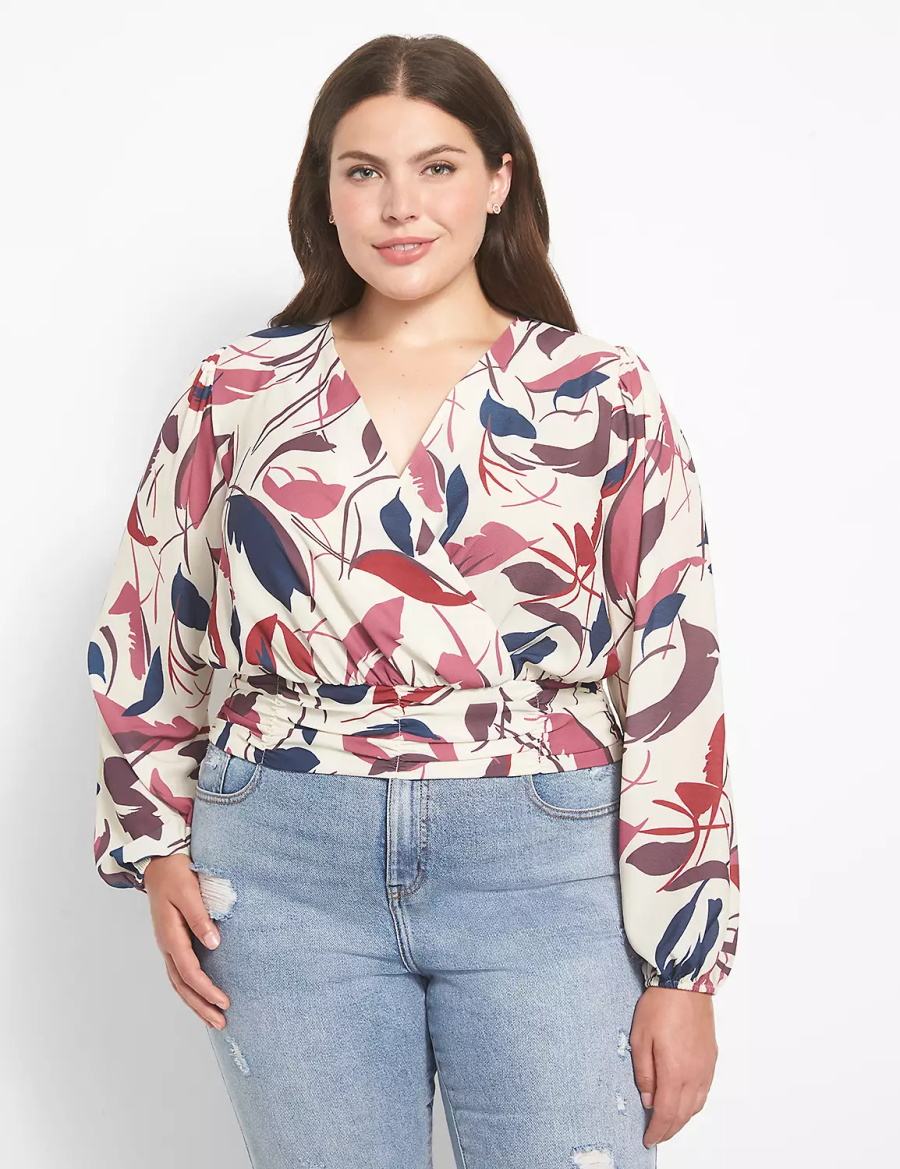 Μπλουζα γυναικεια Lane Bryant Classic Long-Sleeve Surplice-Neck Shirred-Waist Crop ασπρα Πολύχρωμο | GWH3267RQ