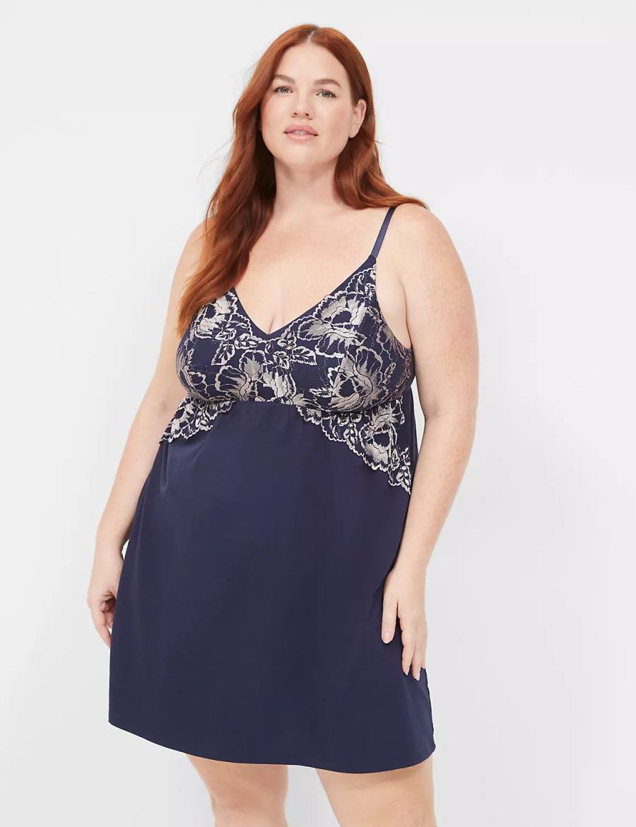 Φορεμα γυναικεια Lane Bryant Comfy Cotton Lace-Trim Chemise μπλε | XVM848RL