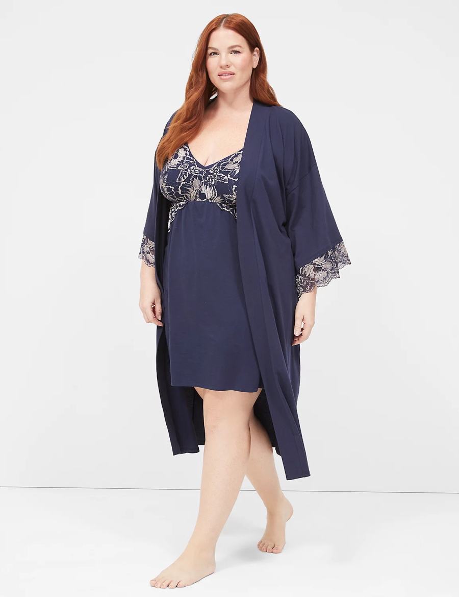 Μπουρνούζι γυναικεια Lane Bryant Comfy Cotton Lace-Trim Midi μπλε | NEP9893OL