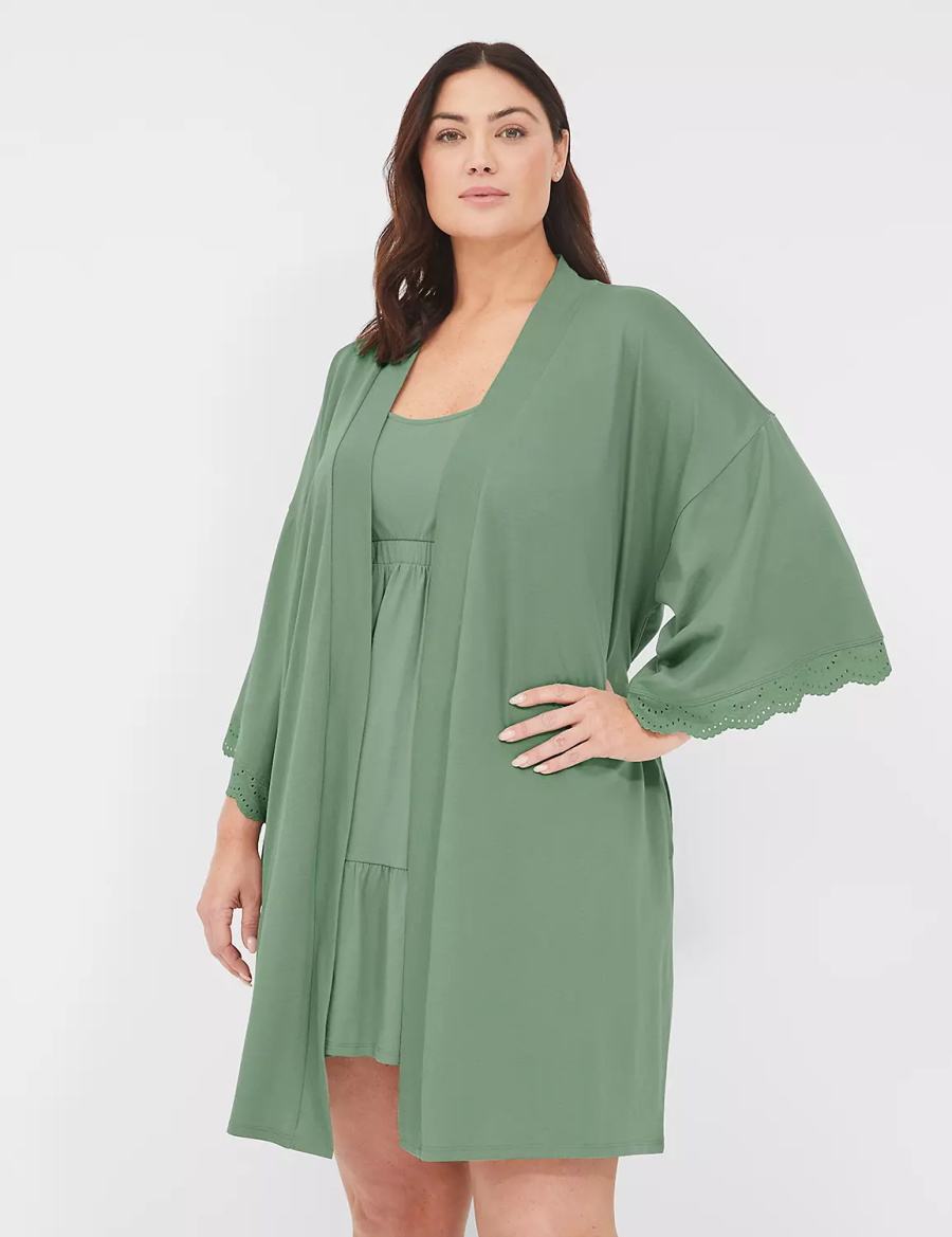 Μπουρνούζι γυναικεια Lane Bryant Comfy Cotton Lace-Trim πρασινο | RYK7072HF