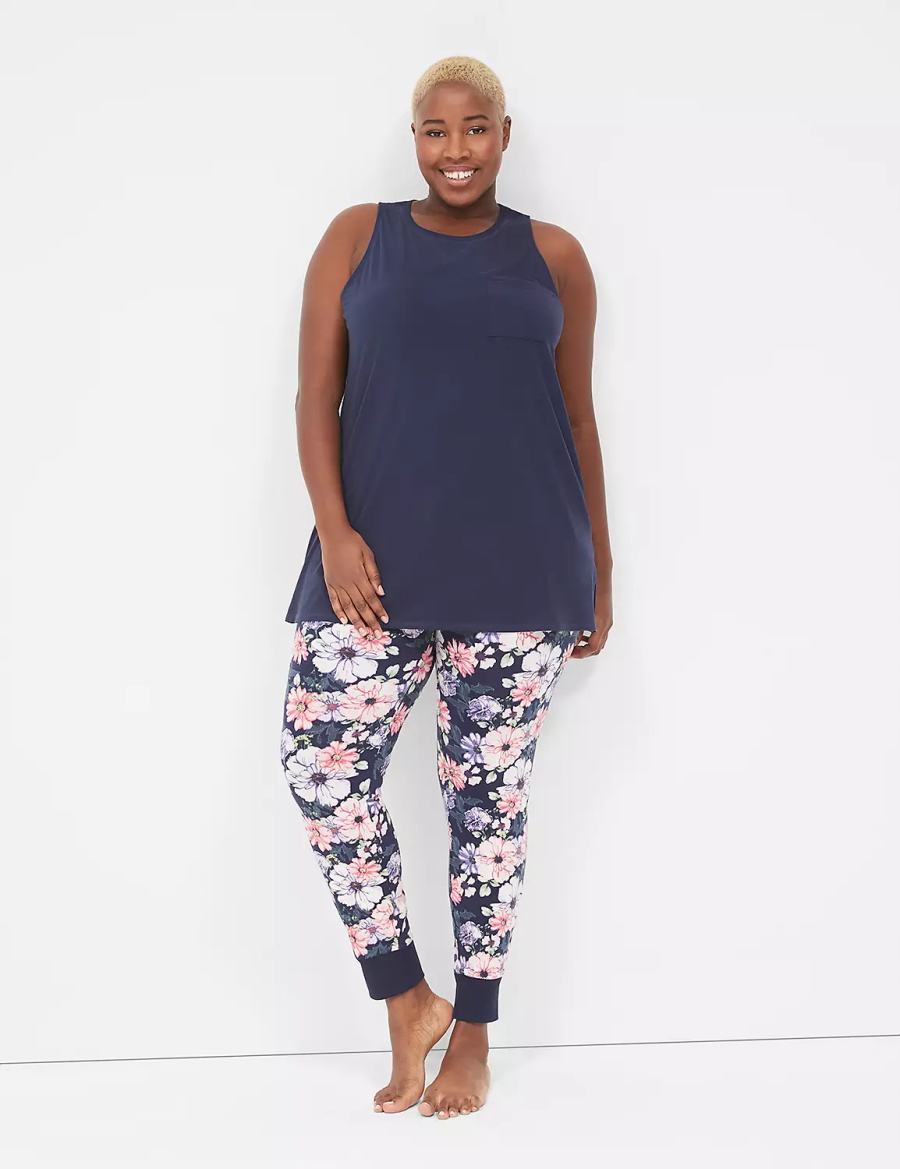 Πιζάμες γυναικεια Lane Bryant Comfy Cotton Pocket Tunic & Legging PJ Set σκουρο μπλε | BFT6863PM