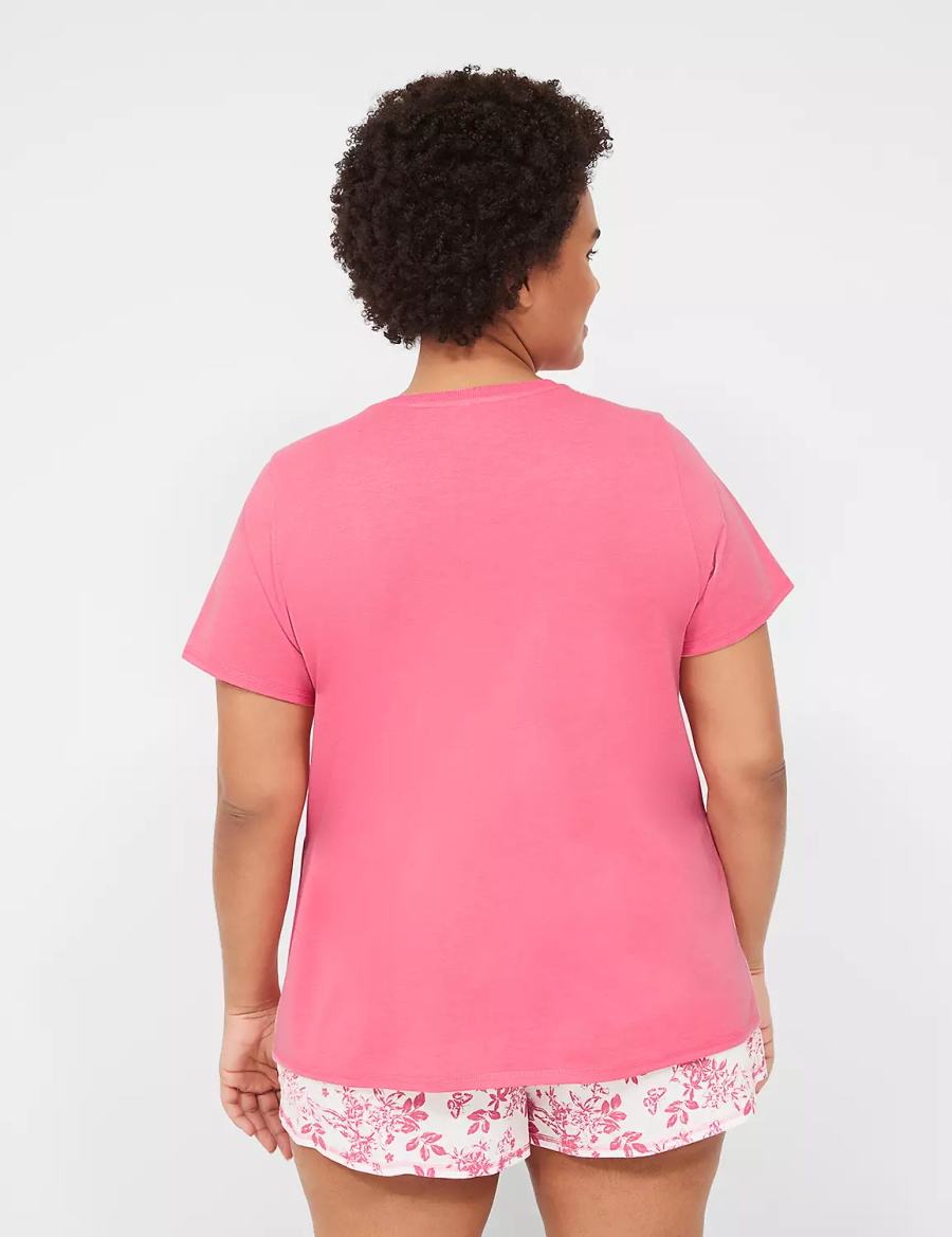 Πιζάμες γυναικεια Lane Bryant Comfy Cotton Rib-Trim Tee & Short PJ Set ροζ ασπρα | KMQ6327WG