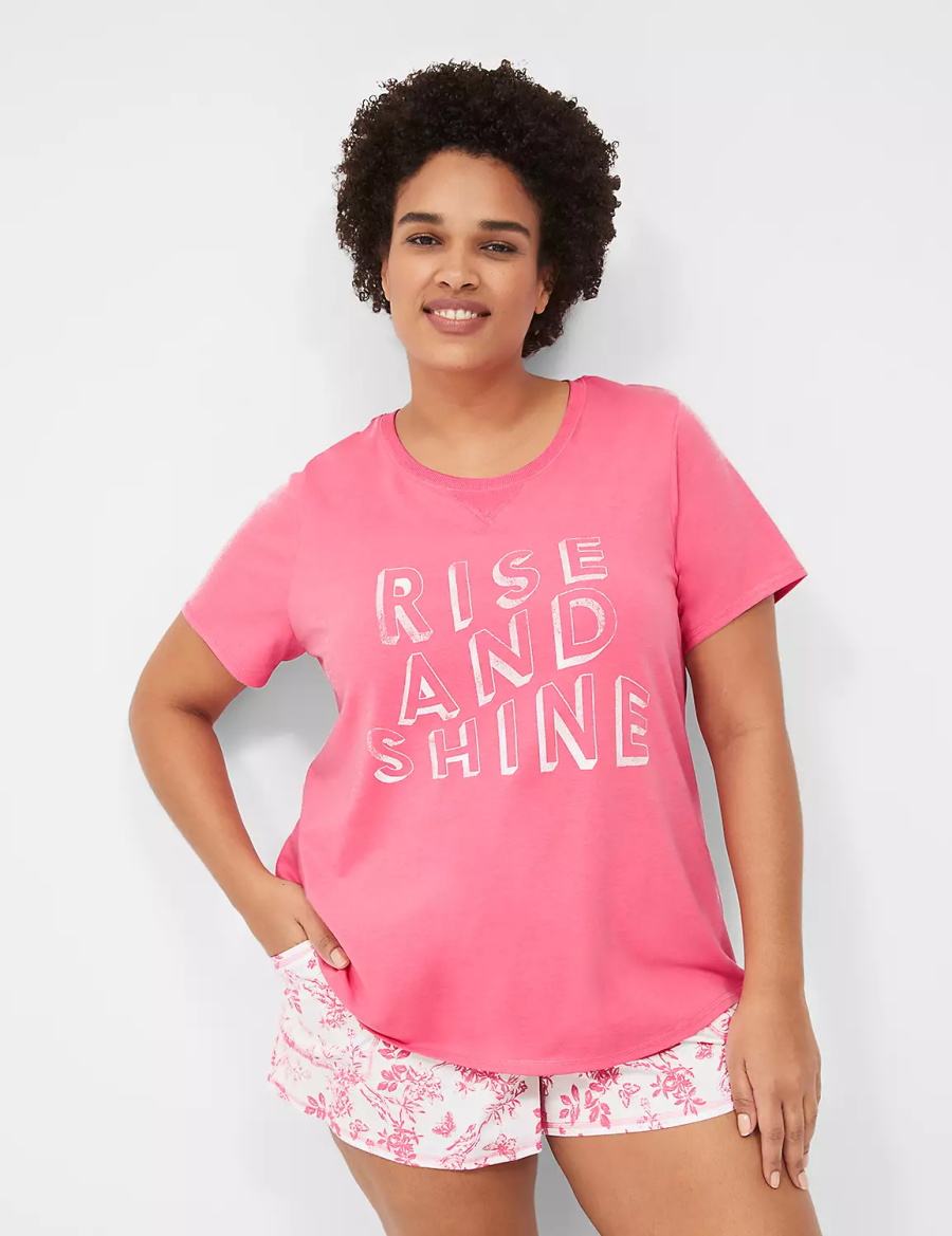 Πιζάμες γυναικεια Lane Bryant Comfy Cotton Rib-Trim Tee & Short PJ Set ροζ ασπρα | KMQ6327WG