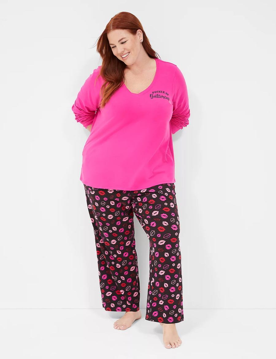 Πιζάμες γυναικεια Lane Bryant Comfy Cotton V-Neck Tee & Block Pant PJ Set μωβ Πολύχρωμο | DSH3244IT