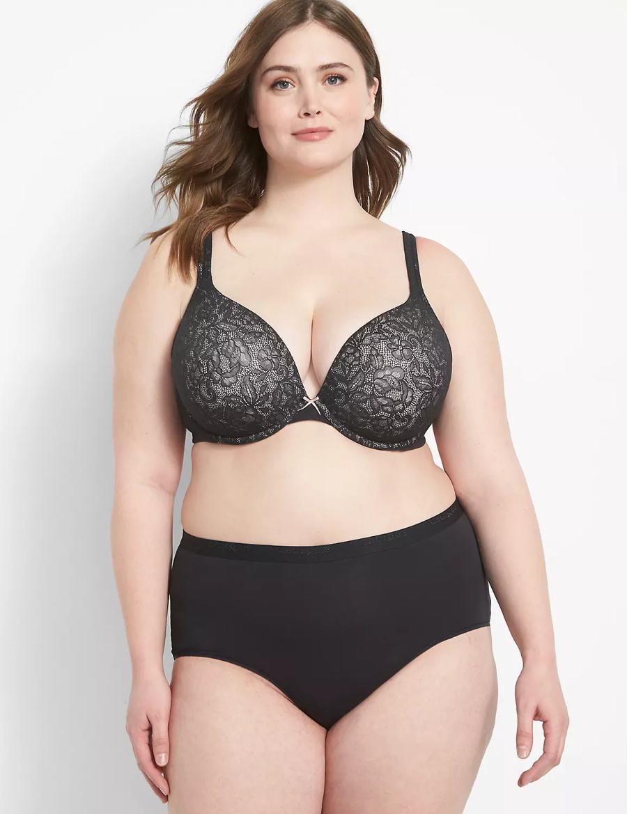 Μπραλέτες γυναικεια Lane Bryant Cotton Boost Plunge With Lace μαυρα | LNW3998ID