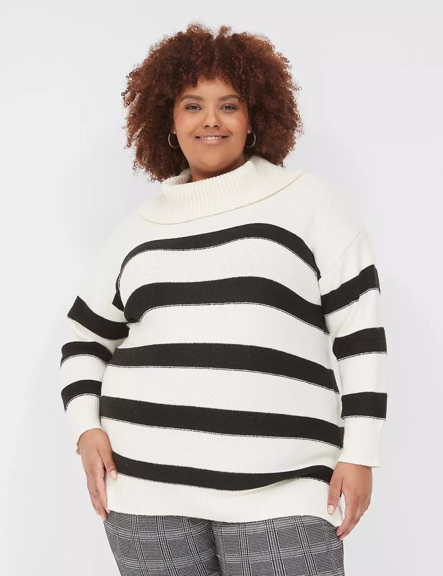 Πουλόβερ γυναικεια Lane Bryant Cowlneck Stripe Tunic κρέμα μαυρα | EWD9932SY