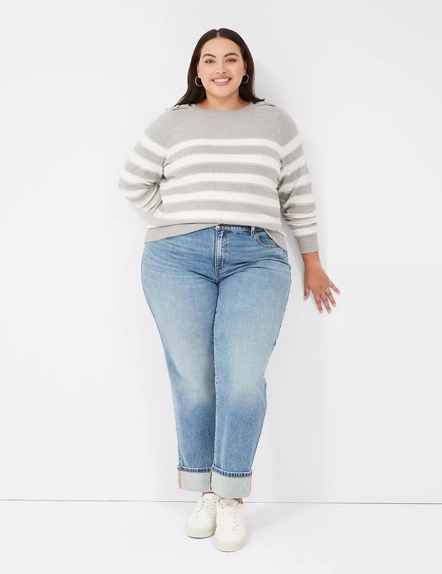 Πουλόβερ γυναικεια Lane Bryant Crew-Neck Button-Shoulder Striped καφε | IFI8621UZ