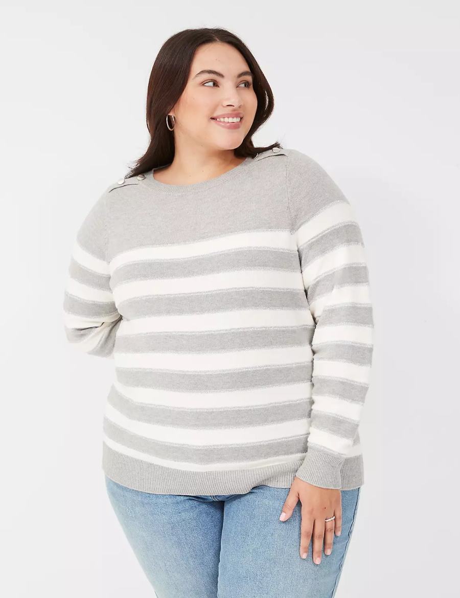 Πουλόβερ γυναικεια Lane Bryant Crew-Neck Button-Shoulder Striped καφε | IFI8621UZ