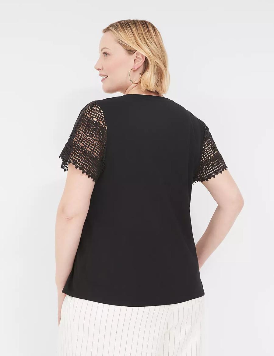 μπλουζακια γυναικεια Lane Bryant Crochet-Sleeve Crew-Neck Tee μαυρα | FHW4542RK