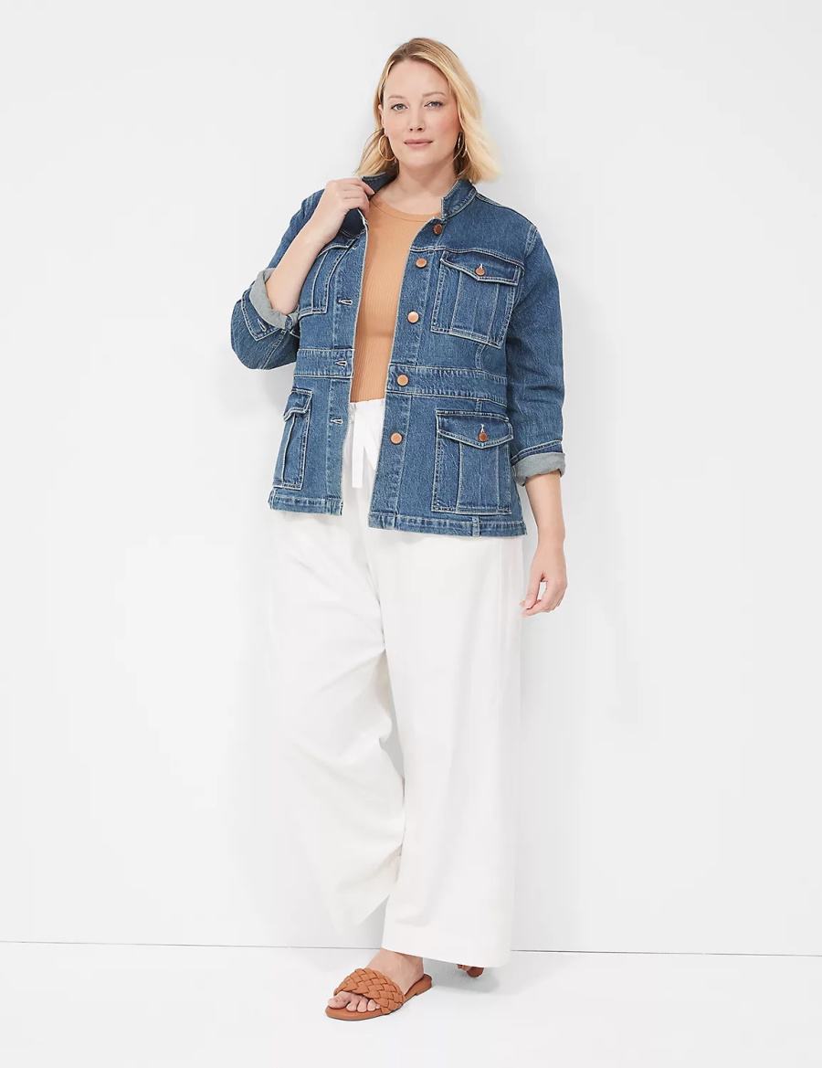 Μπουφαν γυναικεια Lane Bryant Denim Banded-Waist Utility σκούρο μπλε | JTZ1012CY