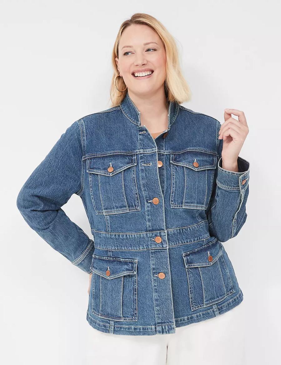 Μπουφαν γυναικεια Lane Bryant Denim Banded-Waist Utility σκούρο μπλε | JTZ1012CY