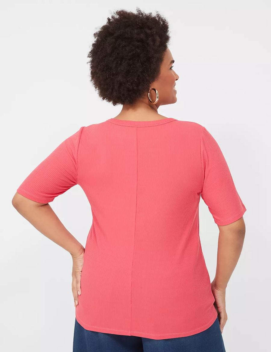 μπλουζακια γυναικεια Lane Bryant Elbow-Sleeve High Crew-Neck Rib Top ροζ | DVD3732DF