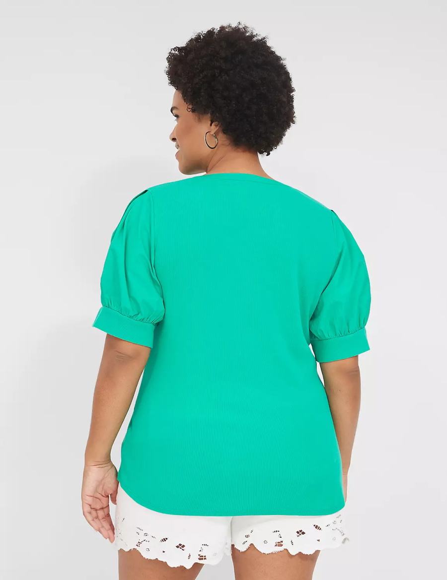 μπλουζακια γυναικεια Lane Bryant Elbow-Sleeve Split-Neck Top τυρκουάζ | VDR217ED