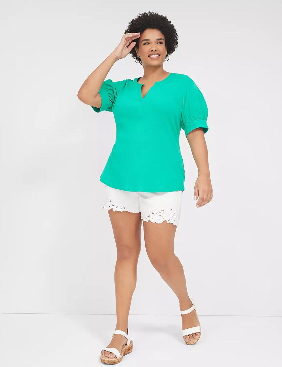 μπλουζακια γυναικεια Lane Bryant Elbow-Sleeve Split-Neck Top τυρκουάζ | VDR217ED