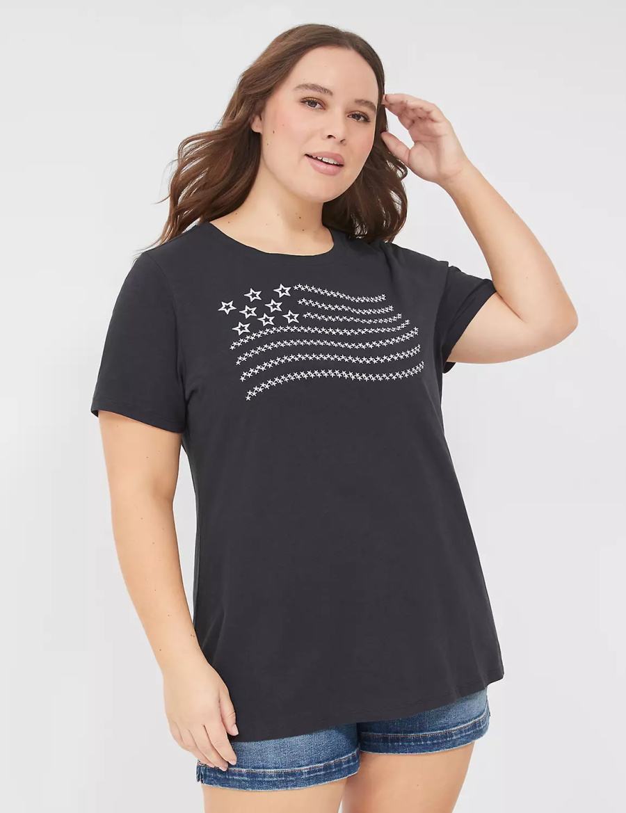 μπλουζακια γυναικεια Lane Bryant Embroidered Flag Graphic Tee μαυρα | ZZJ451CB