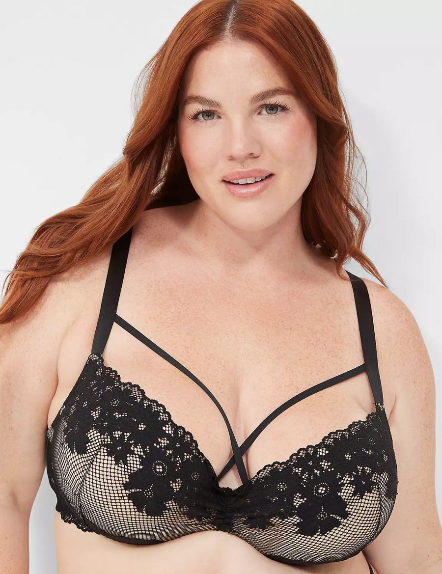 Μπραλέτες γυναικεια Lane Bryant Fishnet Lace Max Boost Plunge μαυρα | WFY231WO