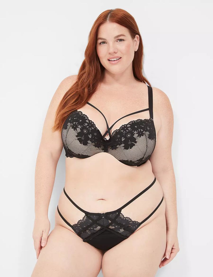 Μπραλέτες γυναικεια Lane Bryant Fishnet Lace Max Boost Plunge μαυρα | WFY231WO