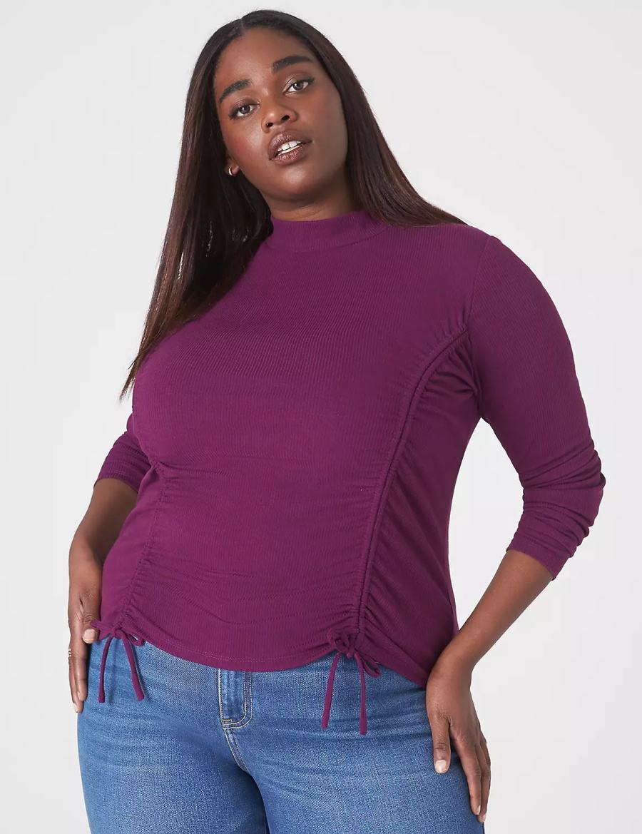 μπλουζακια γυναικεια Lane Bryant Fitted Crop Mock-Neck Double-Drawcord Tee σκούρο μωβ | GPA4694ER