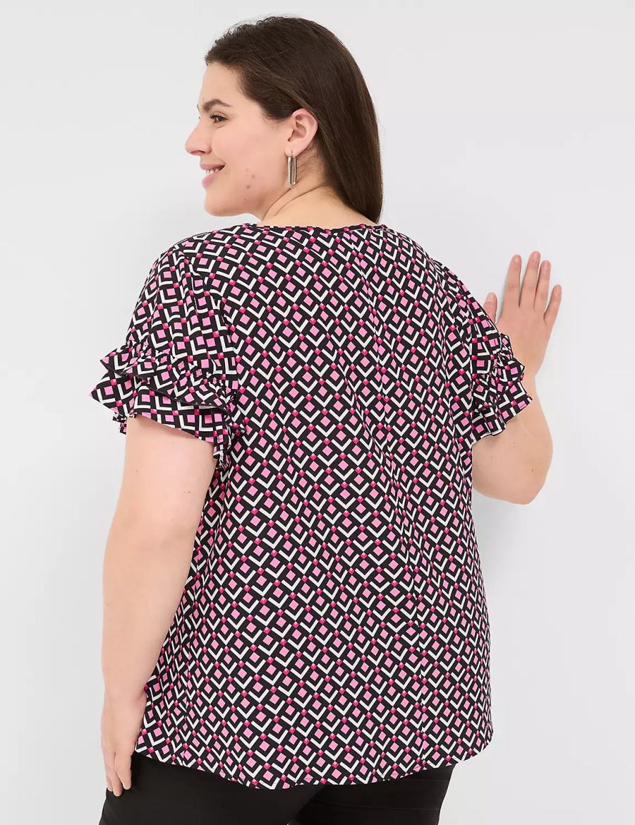 μπλουζακια γυναικεια Lane Bryant Flutter-Sleeve Crew-Neck Top ροζ σκουρο μπλε | NPN5117XZ