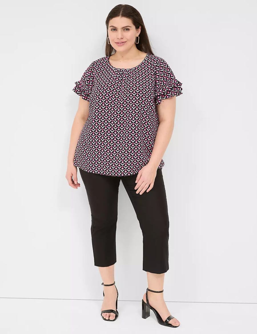 μπλουζακια γυναικεια Lane Bryant Flutter-Sleeve Crew-Neck Top ροζ σκουρο μπλε | NPN5117XZ