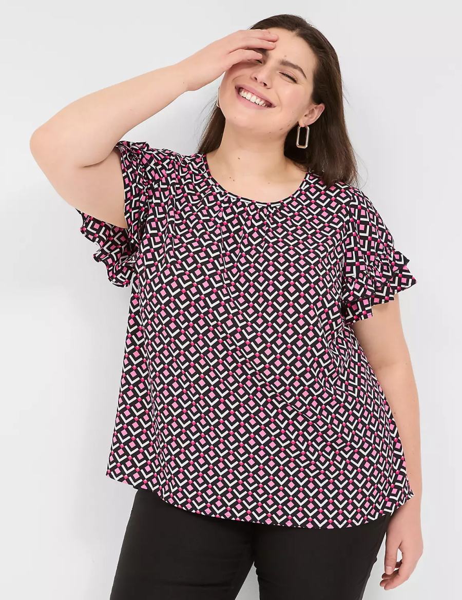 μπλουζακια γυναικεια Lane Bryant Flutter-Sleeve Crew-Neck Top ροζ σκουρο μπλε | NPN5117XZ