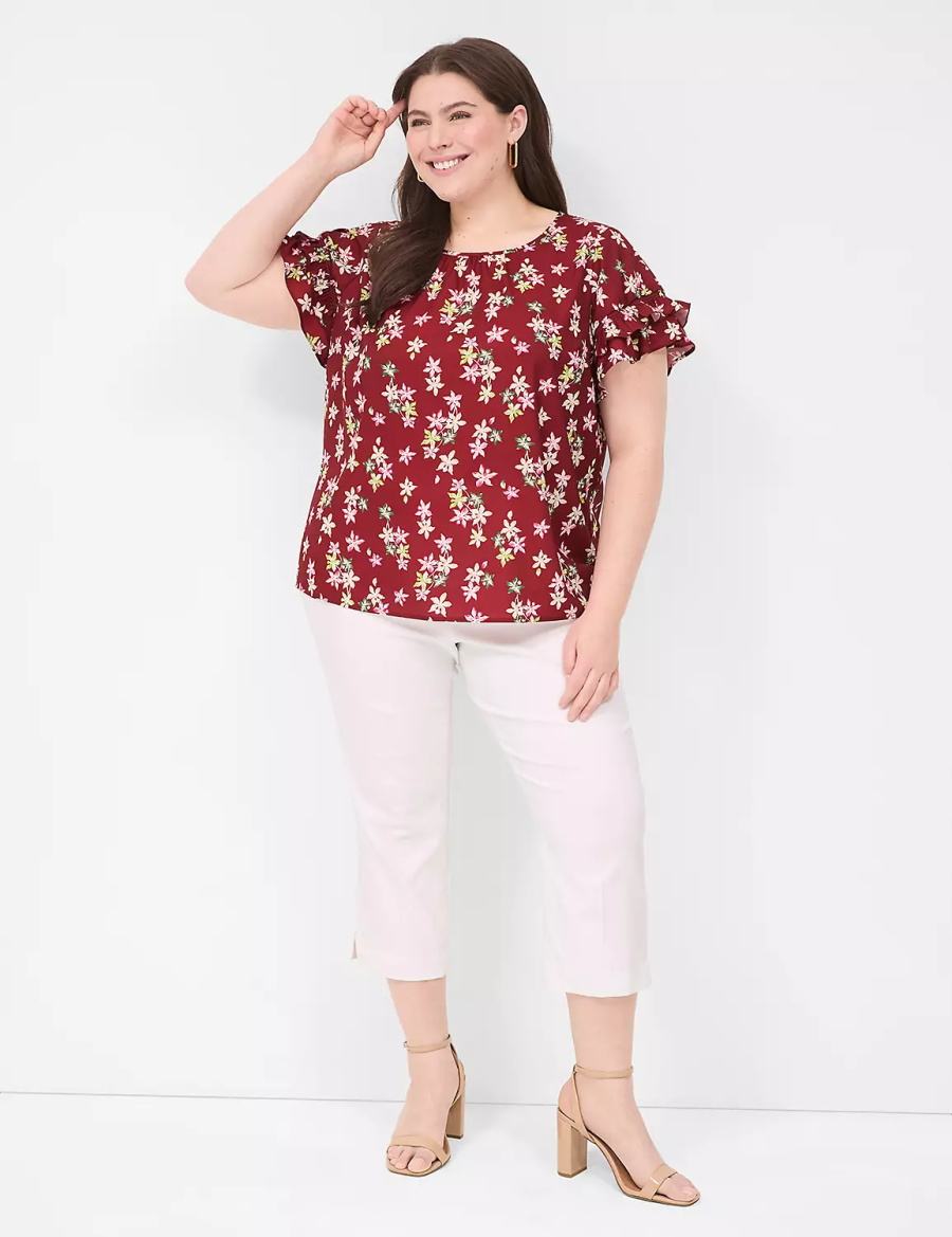 μπλουζακια γυναικεια Lane Bryant Flutter-Sleeve Crew-Neck Top κοκκινα Πολύχρωμο | KJJ1736SR