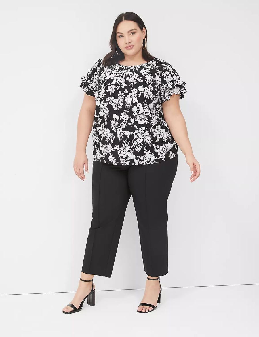 μπλουζακια γυναικεια Lane Bryant Flutter-Sleeve Crew-Neck Top μαυρα | AZC8031LJ