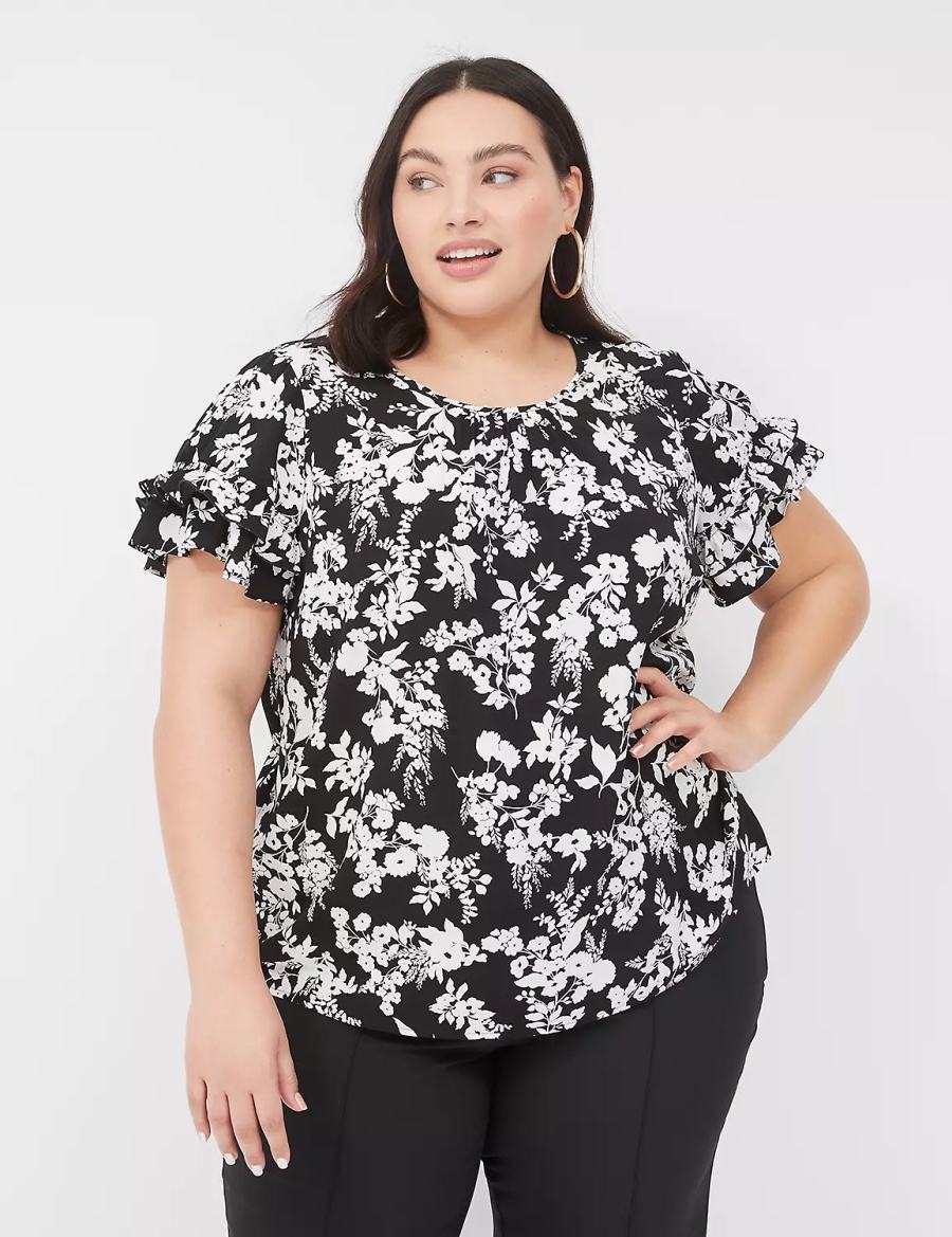 μπλουζακια γυναικεια Lane Bryant Flutter-Sleeve Crew-Neck Top μαυρα | AZC8031LJ