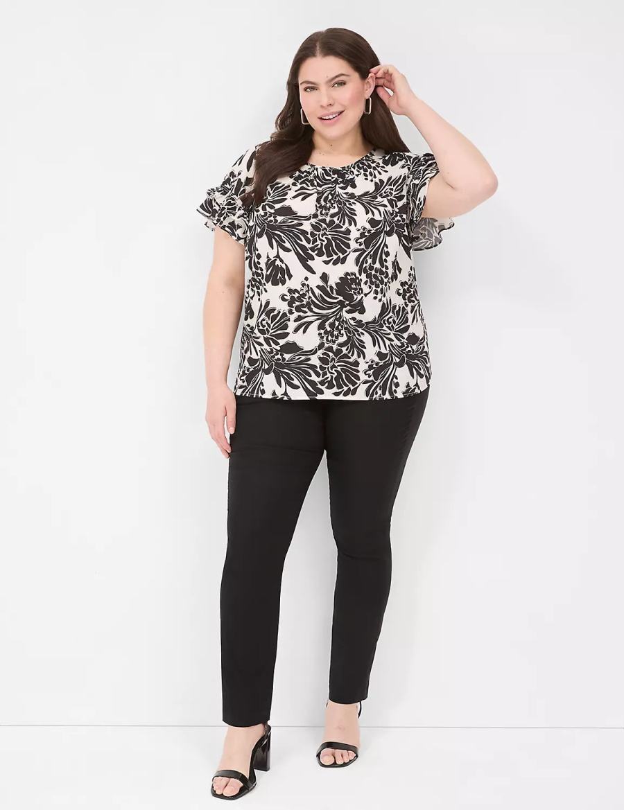 μπλουζακια γυναικεια Lane Bryant Flutter-Sleeve Crew-Neck Top μαυρα | TJG3842BK