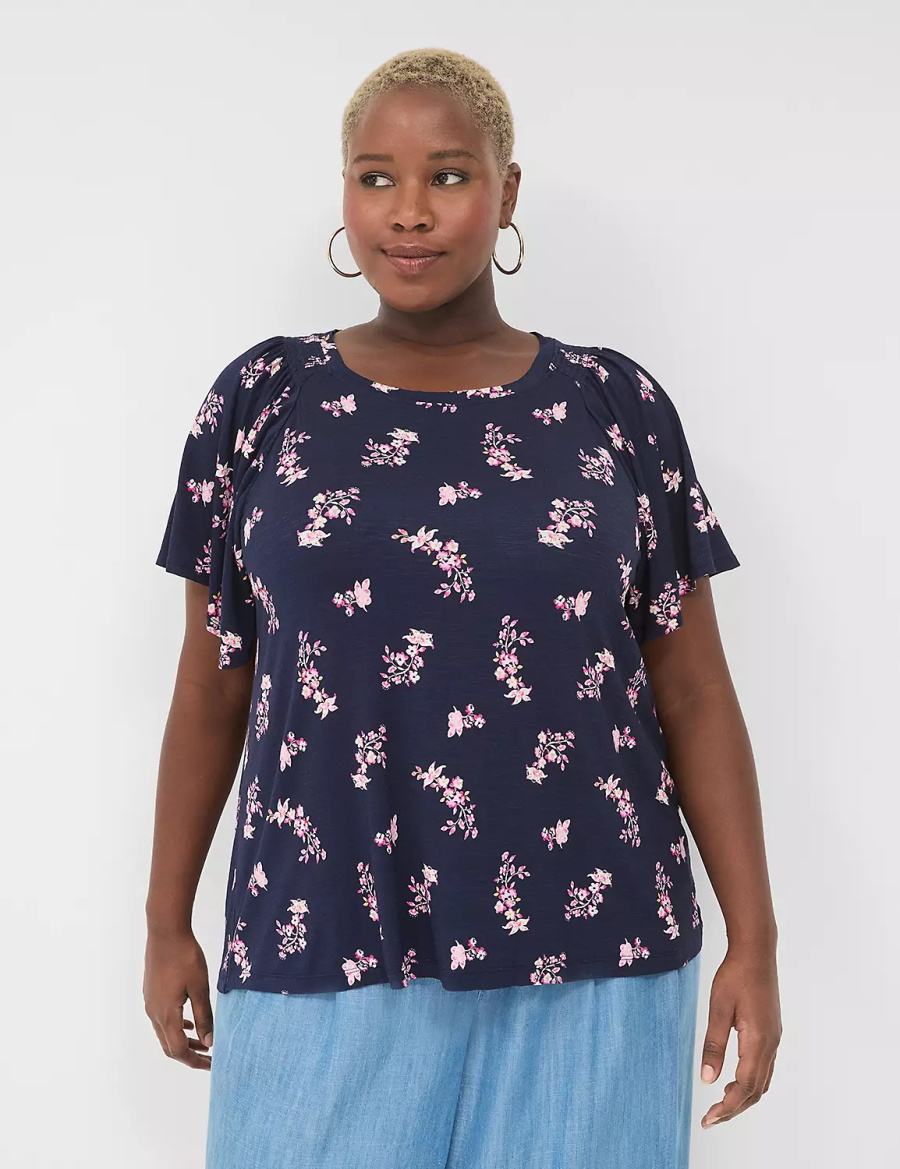 μπλουζακια γυναικεια Lane Bryant Flutter-Sleeve Smocked Top ροζ σκουρο μπλε | UOV8925HY