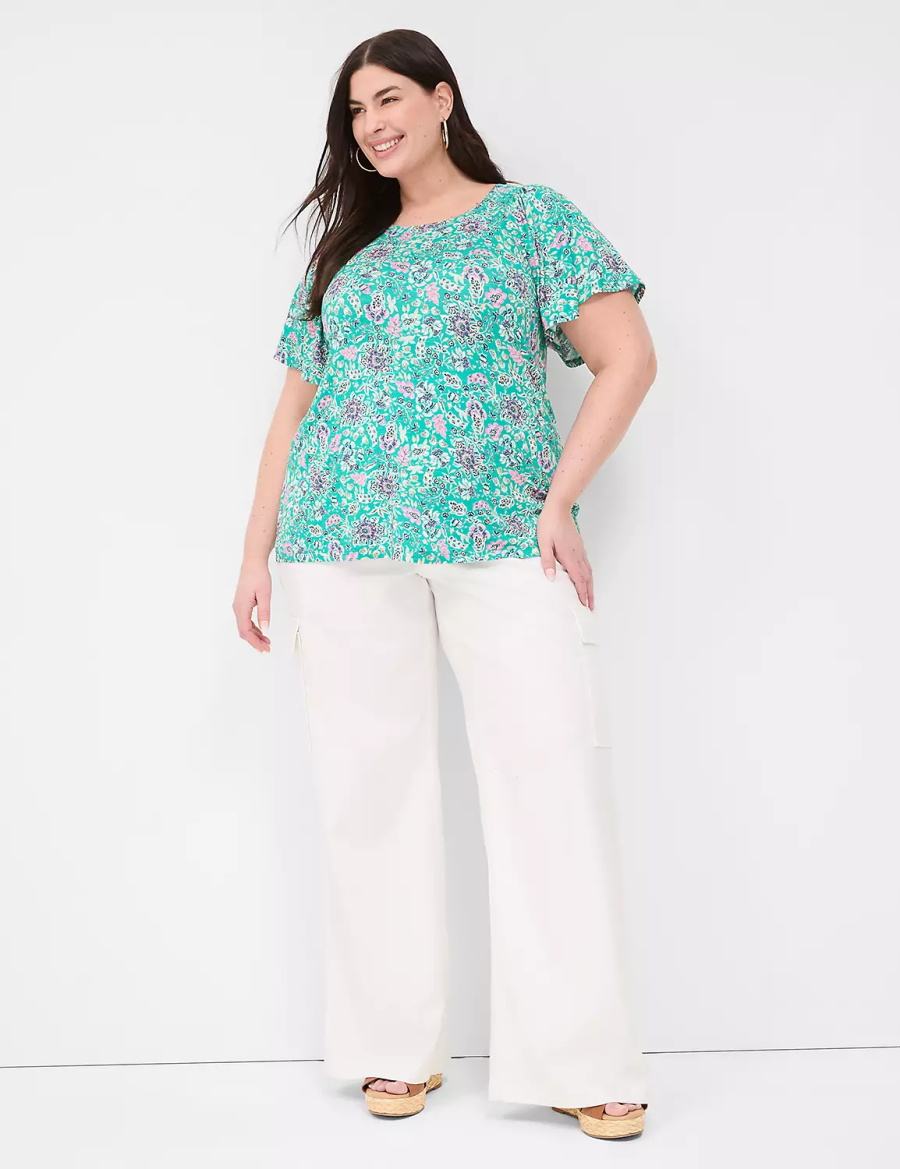 μπλουζακια γυναικεια Lane Bryant Flutter-Sleeve Smocked Top ανοιχτο τυρκουάζ | IFF9530IA